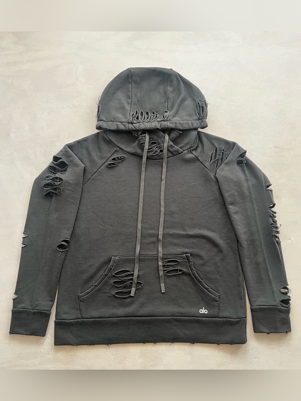 Alo Yoga Slay Distressed Hoodie Black-Gray Size Medium Women's